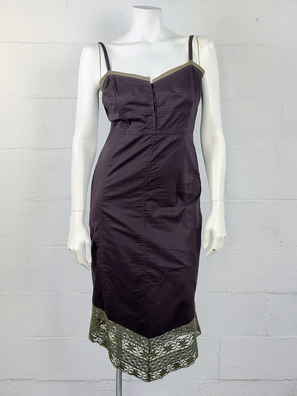 Anthropologie Calme Chocolate Brown Midi Dress with Olive Lace Trim